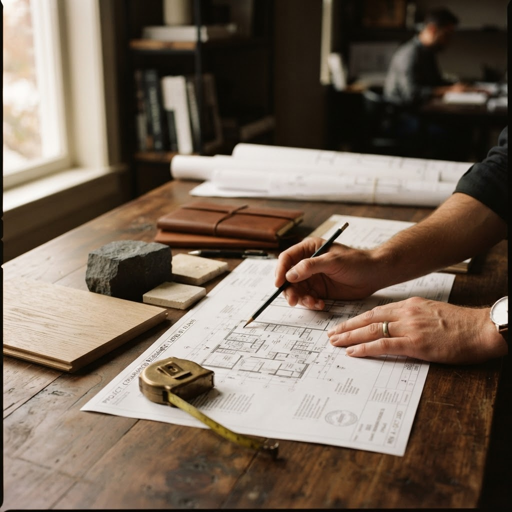 Hands reviewing architectural plans and material samples